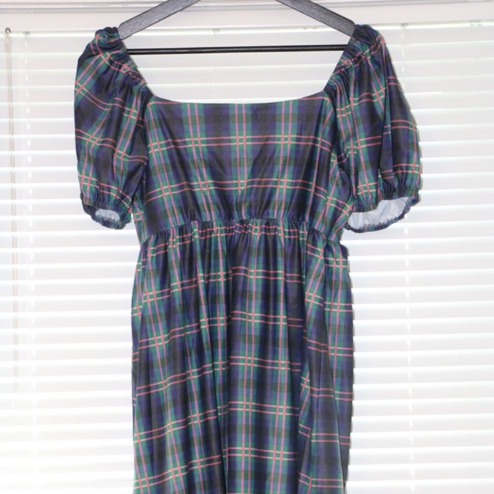 Smith & Quinn Plaid Mini Dress Women's Medium Square Neck Puff Sleeve